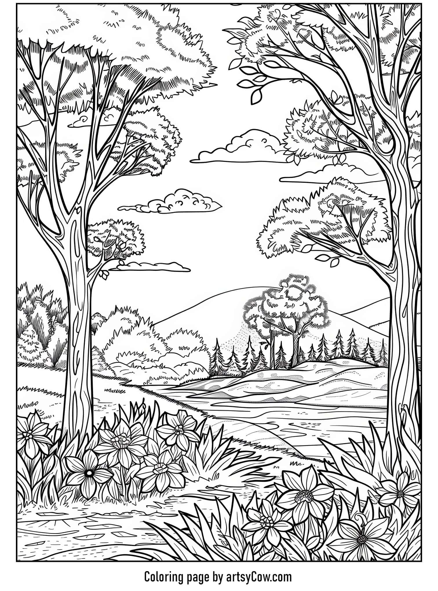 a detailed forest glade with trees, flowers, and a distant rolling landscape